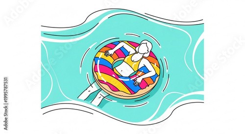 Woman floating on colorful inner tube in clear blue water with swimming relaxation vacation floating swimsuit colorful illustration activity refreshment enjoyment recreation