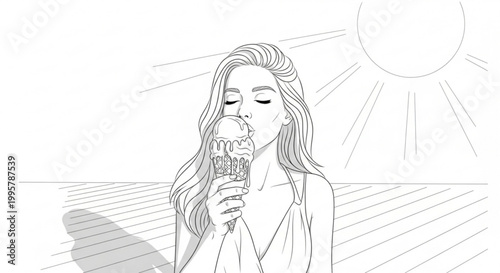 Woman enjoying an ice cream cone on a sunny day with eyes closed line art enjoying outdoors vacation relaxation illustration refreshment pleasure childhood nostalgia