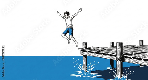 Young man joyfully jumping from wooden dock into blue water with teenager adventure outdoors recreation swimming throwaway throwback throwing throwoff throwout throwinga throwingaway