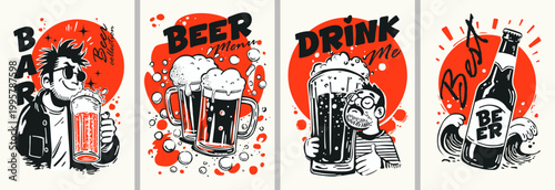 Illustration showcasing classic pub scene with bold beer imagery and vibrant tones. Artistic poster portraying nostalgic pub setting with frothy beverages and lively color palette