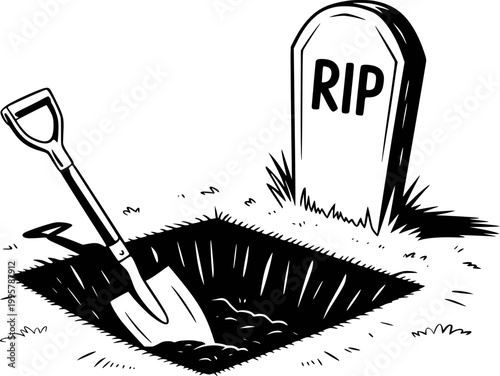 Black and white of a shovel in a grave next to a tombstone with rip digging