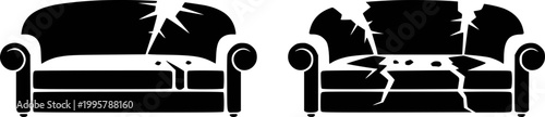 Black silhouette of damaged sofas with cracked upholstery and torn cushions couch