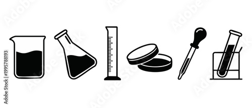 Laboratory Glassware Icons Set for Scientific Research and Chemical Experiments, Flat Black Vector Illustrations Collection of Scientific Lab Equipment for Biology, Medicine, Education, and Healthcare