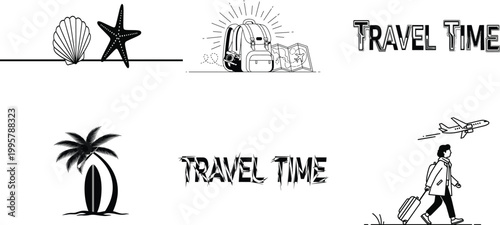 Black and white travel themed sketches depict iconic landmarks figures and typography evoking a sense of wanderlust and exploration
