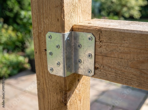 Metal bracket fixing wooden beams structural connection close up