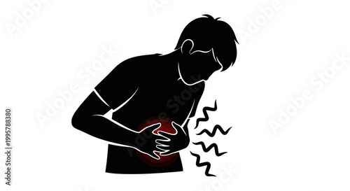 Man holding stomach in pain, internal discomfort, silhouette, medical illustration
