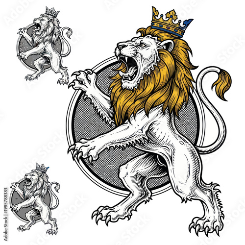 Majestic Lion King with Crown, Heraldic Emblem, Roaring Power, Vintage Style