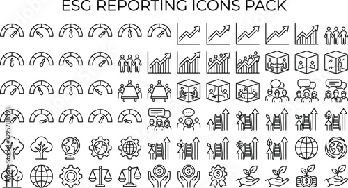 A collection of ESG reporting icons in a flat, minimalist design style, featuring various symbols for environmental, social, and governance concepts.
