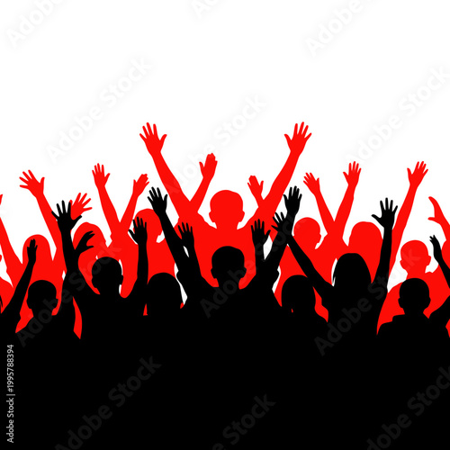 Silhouette Crowd Cheering Hands Up Red Black White Background Celebration