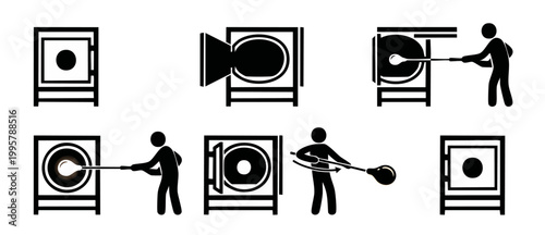 Glassblowing Process Icons Set, Professional Glass Art Making Steps, Molten Glass Crafting Furnace Vector Symbols for Manual Labor, Industrial Manufacturing, Handicraft Workshops, and Artisan Glass Pr