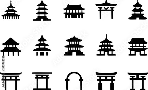 Collection of black silhouettes of asian pagodas and torii gates white background