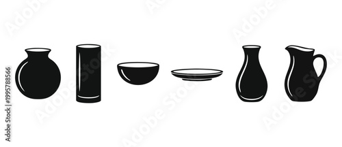 Ceramic Vases and Tableware Set, Black Silhouette Icons Isolated on White Background. Minimalist Kitchenware Collection including Plates, Bowls, Pitchers, and Glassware for Modern Interior Design Grap
