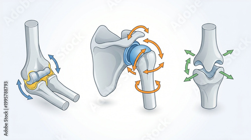 Types of Synovial Joints Diagram showing Hinge Ball and Socket and Gliding Joint Movement Vector