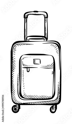Hand drawn of a black and white rolling suitcase with a telescopic handle and front pocket