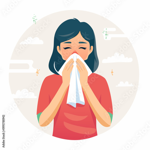 Woman sneezing into a tissue, representing allergies or illness
