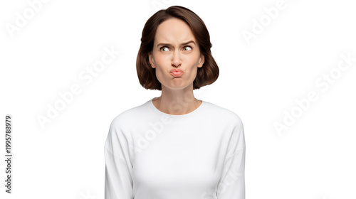Doubtful young woman in white sweater with skeptical sideways glance and pouty lips, transparent background. Sarcasm, irony, dissatisfied customer and distrust emotion concept cutout.