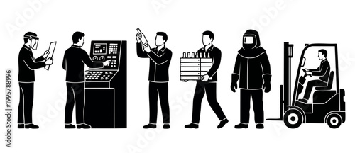 Factory Workers Manufacturing Icons Set: Production Line, Forklift Operator, Quality Control and Safety Gear. Vector illustration depicting industrial labor, warehouse logistics and manual operations