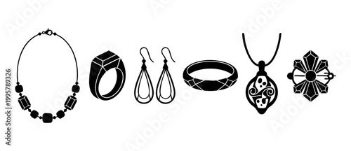 Jewelry Icons Set Necklace Ring Earrings Pendant Brooch Vector Collection. Luxury fashion accessories, gemstone rings and precious ornaments isolated on white background for retail branding design ele