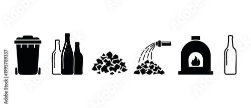 Recycling Glass Bottles and Furnace Icon Set for Glass Manufacturing Process and Industrial Waste Management Concept, Minimalist Black Silhouette Vector Illustrations on White Background for Sustainab