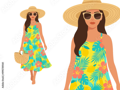 Young woman wearing a tropical floral summer dress and straw hat.