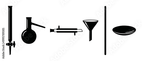 Laboratory Glassware Set Icons for Chemical Research and Scientific Experimentation Procedures - Professional Chemistry Equipment Illustration in Flat Minimalist Black Silhouette Style for Educational