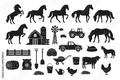 Silhouettes of farm animals, vehicles, and tools on a rural landscape