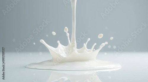 Photo of milk splashing, liquid jet, rippled surface, fresh product.