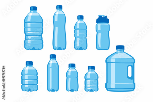 Variety of blue plastic water bottles in different shapes and sizes