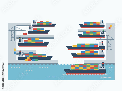 Flat vector illustration of industrial cargo ships at a busy harbor terminal.
