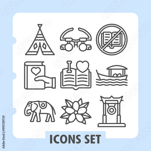 Wigwam, love story book, elephant animal icons, collection illustrating concepts such as travel, love, education, culture and daily life. Set of nine line icons on white background.