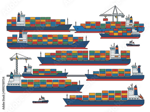 Set of Various Cargo Container Ships and Industrial Vessels.