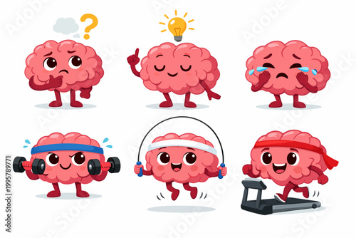 Cartoon brain characters expressing emotions and exercising with weights and treadmill