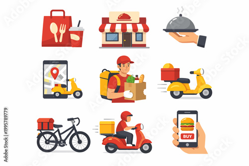 Food delivery icons: courier, scooters, bicycle, restaurant, mobile order