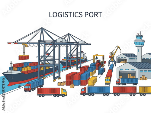 Logistics port illustration with cargo ship cranes and trucks.