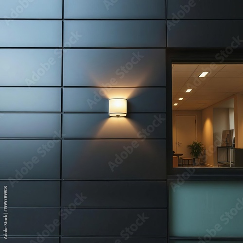 Modern building facade with black and white horizontal slats and warm light from a wall lamp