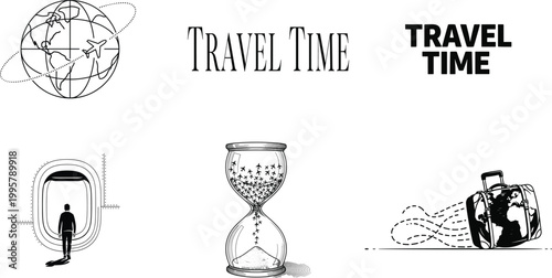 Vintage travel time concept globe hourglass suitcase and mountains in black and white sketch style