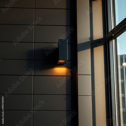 Architectural exterior with geometric panels, facade design, light play, and glass surfaces