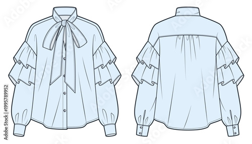 Women Bow Tie Blouse Fashion Flat Technical Drawing Template Featuring Tiered Ruffle Sleeves Button Front Long Cuffs and Front Back Views