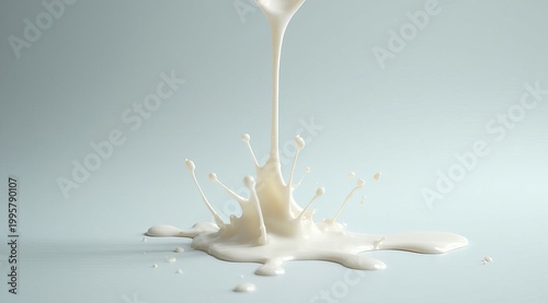 Photo of milk splashing, liquid jet, rippled surface, fresh product.