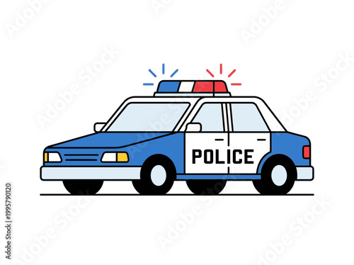 Cartoon style blue and white police car vector illustration.