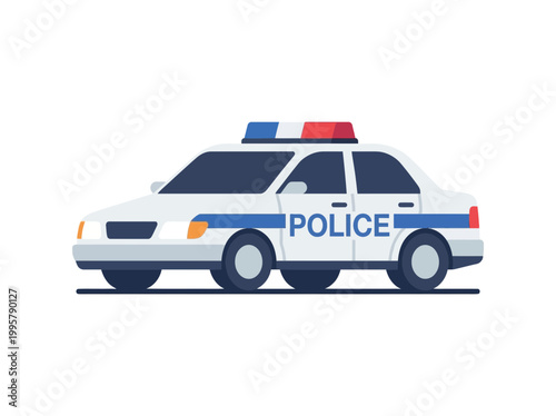 Flat vector illustration of a police car with flashing lights on white background.