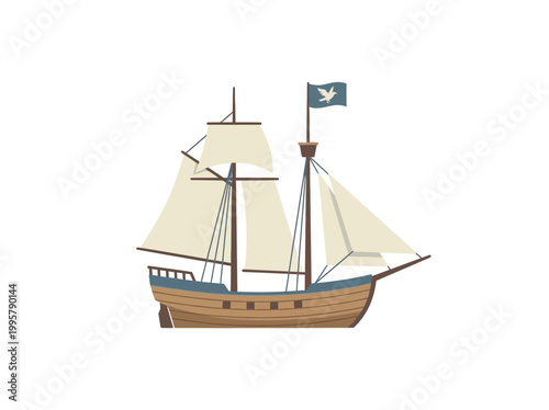 Vintage Wooden Sailing Ship with Dove Flag Icon.