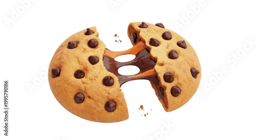 Vector illustration of broken chocolate chip cookie with melted caramel and chocolate filling on a transparent background