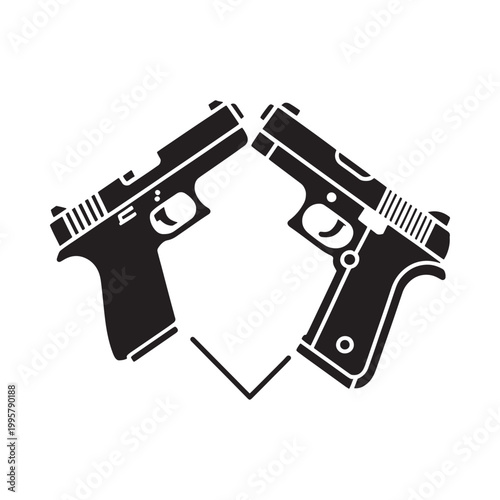 Two black pistols are depicted facing each other in a standoff creating a tense and symbolic image
