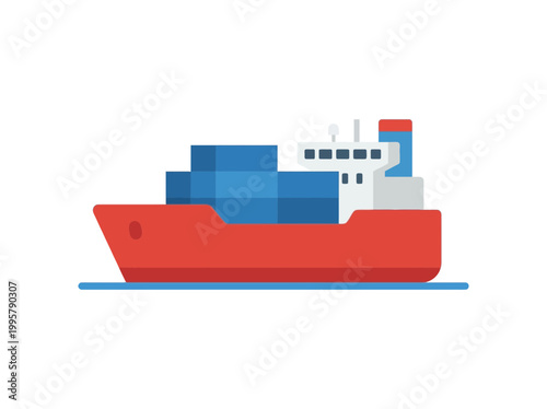 Flat vector illustration of a red cargo ship for international logistics.