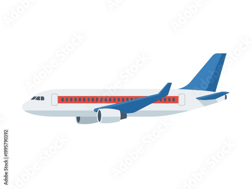 Side view of a commercial passenger airplane isolated on white background.