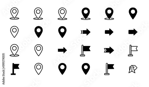 Minimal map pin icon set GPS location arrow flag vector isolated on white background