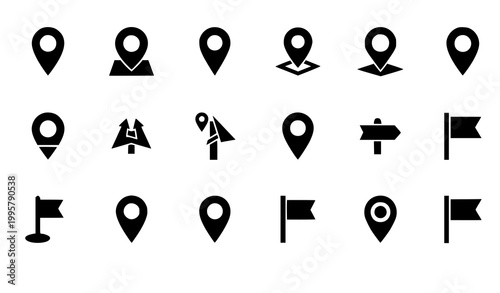 Map pin icon set GPS location marker arrow flag vector isolated on white background