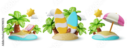 Beach 3d icons set with paradise Island landscape scenes and summer sea vacation spots. Vector illustrations collection.