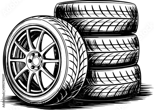 Stacked car tires and single alloy wheel, black and white style automotive transport